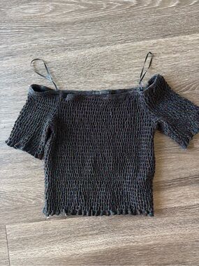 Urban Outfitters Black Smocked Off-Shoulder Crop Top with Multicolor Flecks